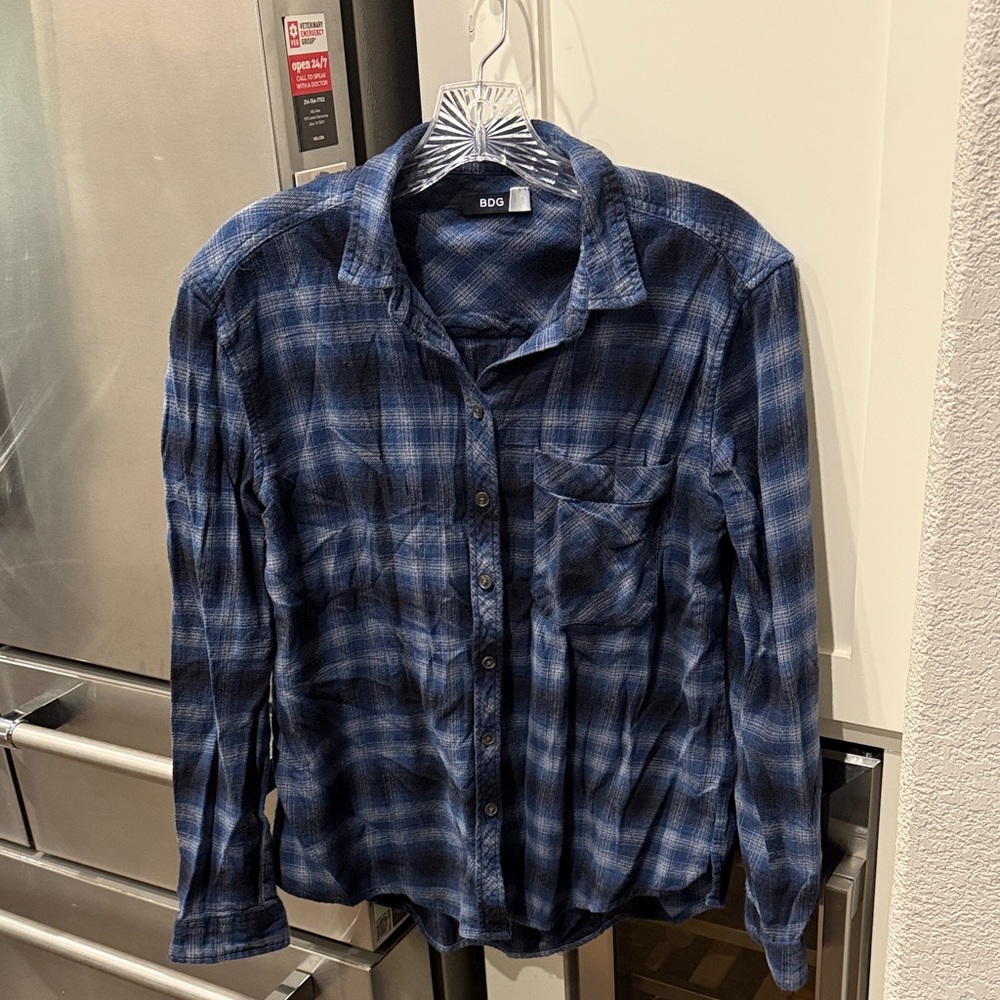 BDG Women's Navy Checkered Button Down Shirt